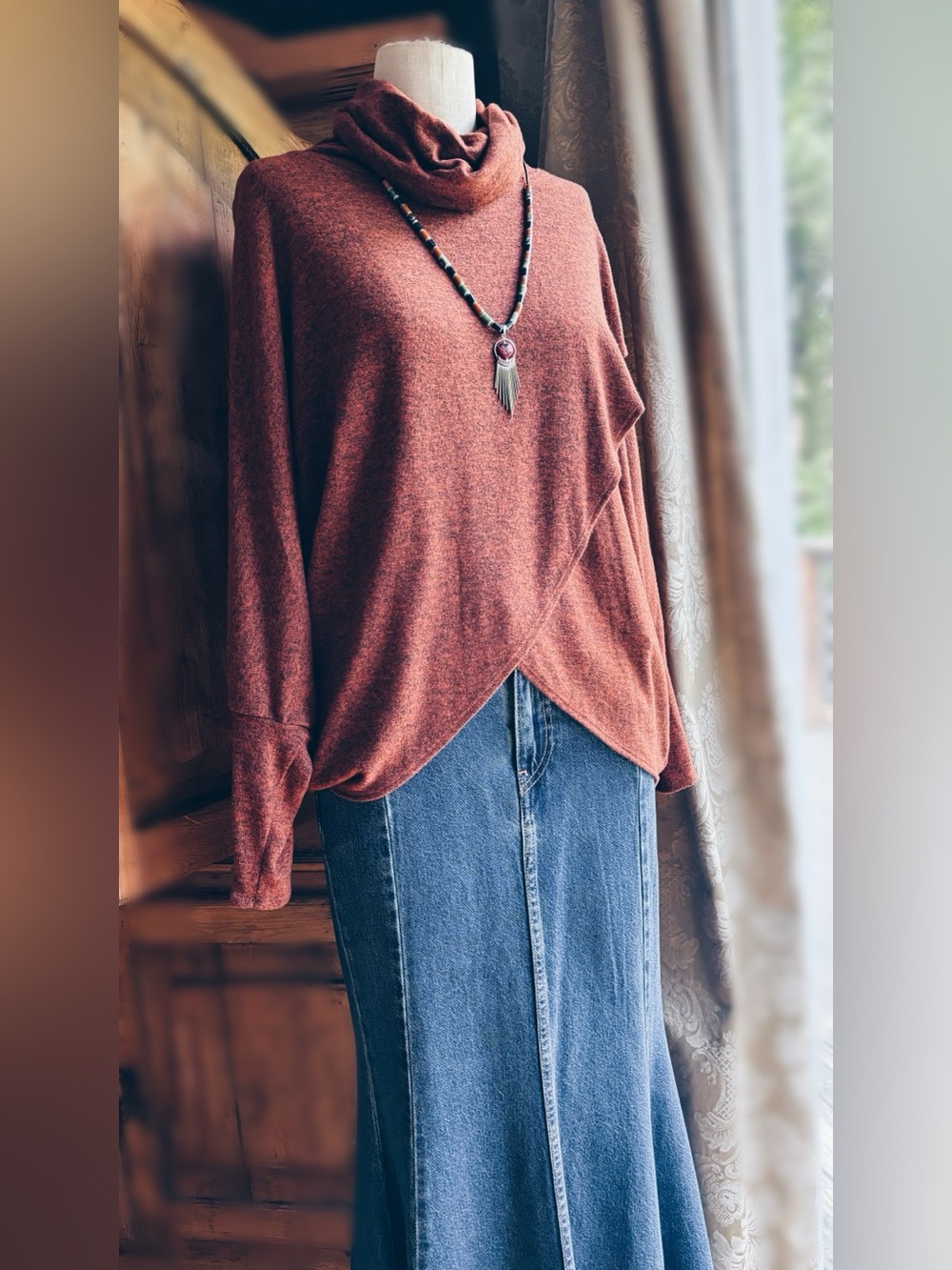 Nally & Millie Cowl Neck Asymmetrical Overlay Tunic | Rust Melange | Size S/M
